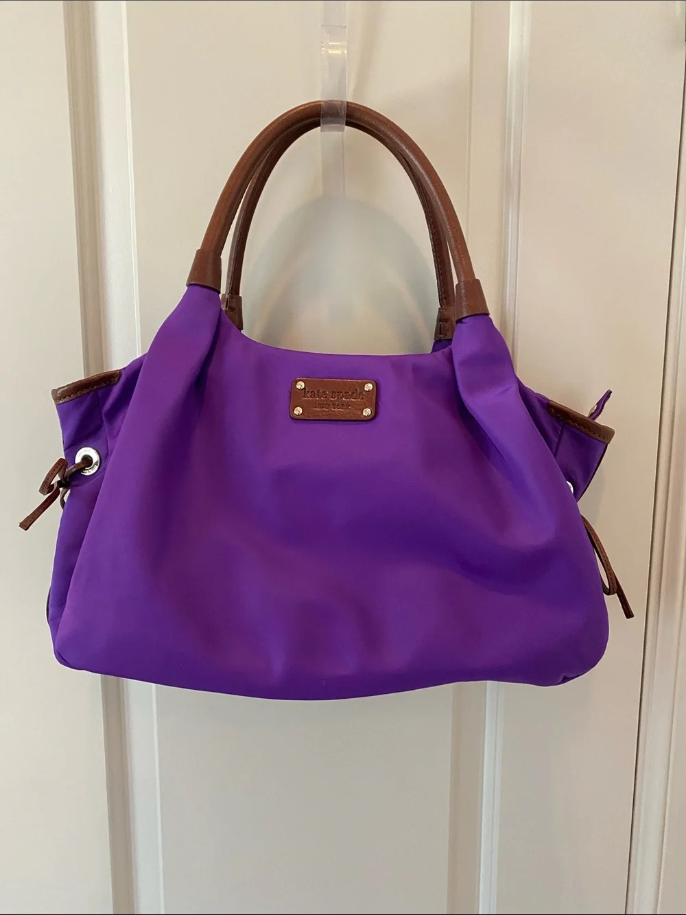 kate spade vibrant purple nylon shoulder bag with brown leather handles